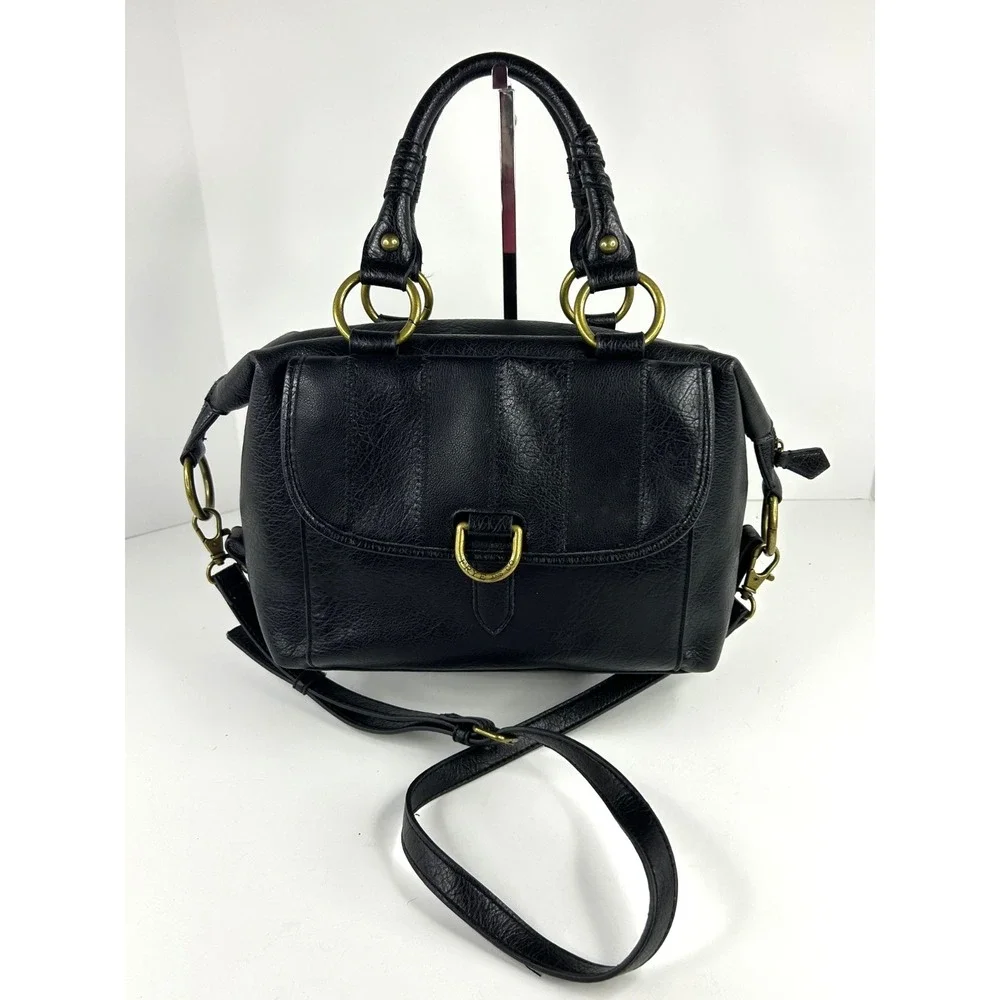 Frye And Co Womens Satchel Handbag Black Large Double Handles Crossbody Textured